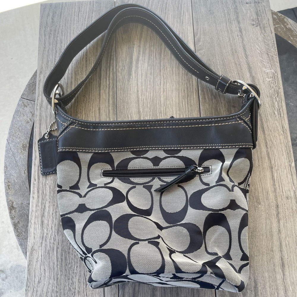 Coach Signature Bucket Shoulder Bag Women Large Black Gray Canvas F13353 Purse
